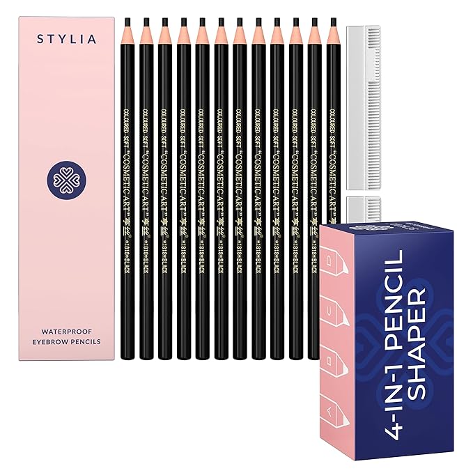 Microblading Supplies 12-PC Black Waterproof Eyebrow Pencil and 4-in-1 Duckbill-Shape Eyebrow Pencil Sharpener Bundle with Blade For Marking, Filling And Outlining, And Permanent Makeup