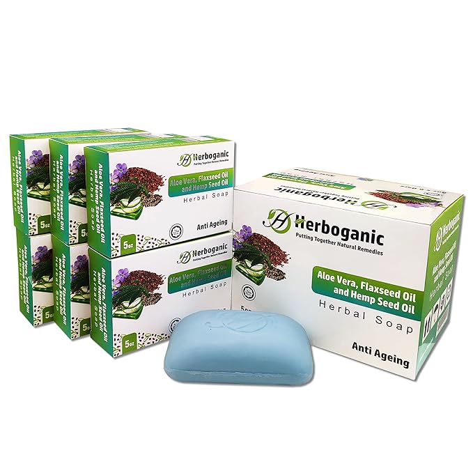 Aloe Vera, Flaxseed and Hemp seed oil Herbal Soap | Pack of 6 of 5oz soap Bar | Ideal for Men and Women, Soothing and Nourishing Soap for Moisturization