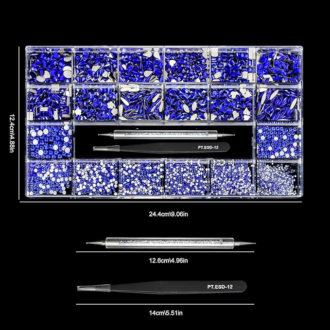 12 Types of Blue 600 Diamonds + 2500 Flat Rhinestones Mix 20 Styles Flatback DIY Crafts Rhinestone Crystals 3D Decorations Flat Back Stones Set +Tweezers + Drill Pen