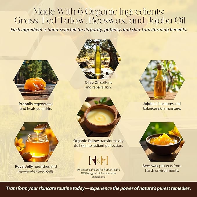 HIDE & HIVE Whipped Tallow Balm – Grass-Fed Moisture for Face, Body & Hands – Organic Beef Tallow for Skin with Royal Jelly & Propolis – Clean, Non-Greasy Balm for Dry, Sensitive Skin