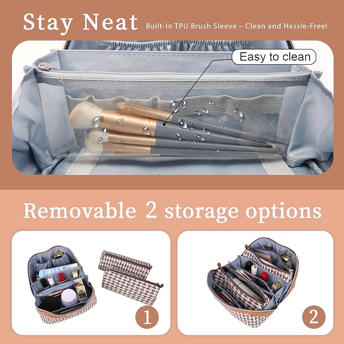 BOYATU Travel Makeup Bags for Women: Large Capacity Cosmetic Bag Set of 3 - Vegan Leather Make up Bags with Compartments - Wide Open Waterproof Toiletry Organizer Bag with Handle (E-05-Brown)