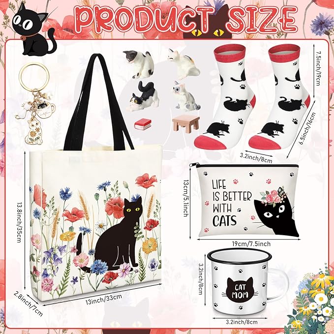 Animal Lover Gifts for Women Mother's Day Animal Themed Gifts for Mom Include Canvas Tote Bag, Makeup Bag, Socks, Keychain, Enamel Mug, Small Figurines(Lovely Cat)