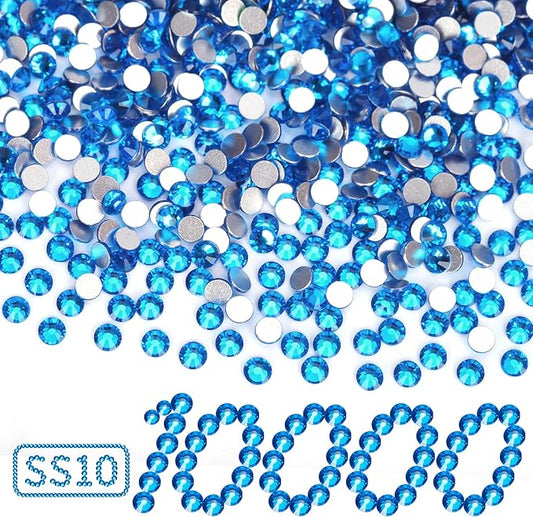 10000PCS Capri Blue Rhinestones Bulk, Flat Back Crystal Glass Stone Round Gems,SS10, 2.7-2.9mm