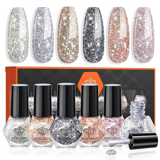 modelones Glitter Nail Polish 6 Colors Holographic Sparkle Glitter Mini Nail Polish Set Flash Diamond Black Silver Gold Quick Dry Manicure Diy Nail Art Salon Gift For Women Girl