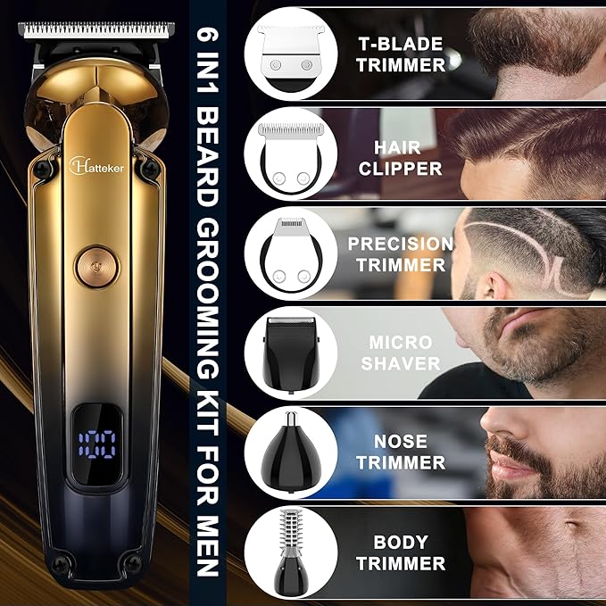 Hatteker Men's Beard Trimmer Kit Electric Razor Shaver Professional Hair Clipper with Zero Gapped T-Blade Nose Ear Beard Body Trimmer for Men Waterproof Cordless Grooming Kit 6 in 1