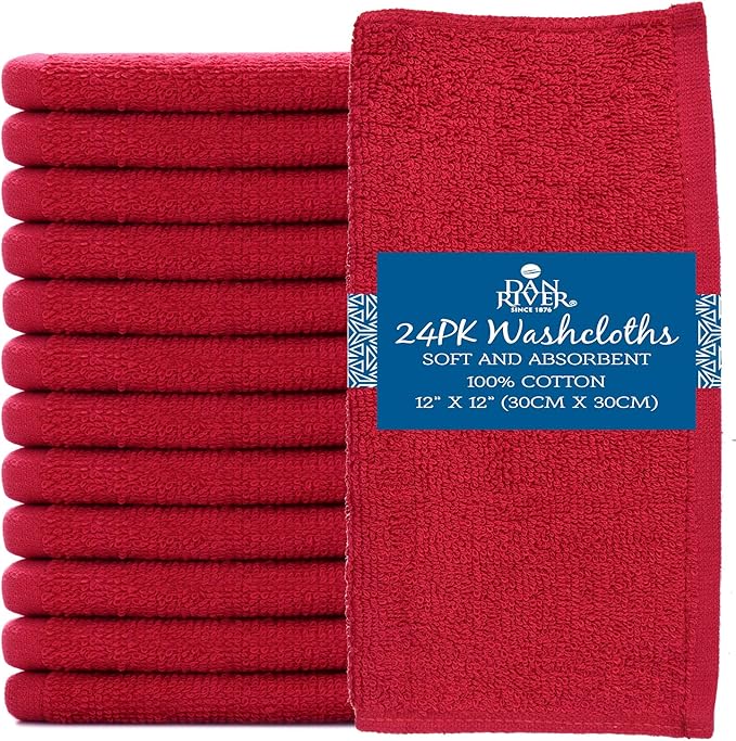 DAN RIVER 100% Cotton Washcloths 24 Pack Premium Quality Face and Body Cloth, Quick Dry Essential Towels for Bathroom, Hand, Kitchen & Cleaning, Baby Washcloths | 12X12 in | 400 GSM | Red