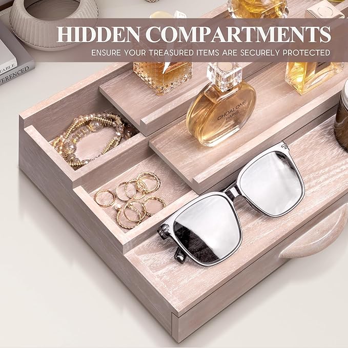 EOSAHR Decorative Cologne Organizer with Storage Drawer - 3 Tier Cologne Holder with Hidden Compartment - Perfume Stand Organizer for Dresser and Room Decor (Natural)