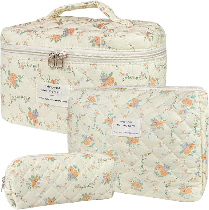 3Pcs Cotton Quilted Makeup Bag for Women Girls, Large Floral Cosmetic Bag Set Cute Makeup Brushes Aesthetic Accessories Storage Bag Yellow Daylily Flower Travel Toiletry Bag Organizer