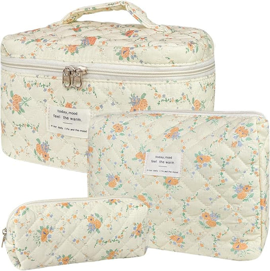 3Pcs Cotton Quilted Makeup Bag for Women Girls, Large Floral Cosmetic Bag Set Cute Makeup Brushes Aesthetic Accessories Storage Bag Yellow Daylily Flower Travel Toiletry Bag Organizer