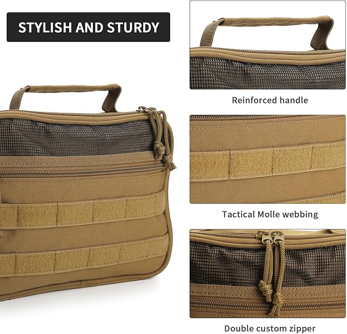SUNRISING Tactical Toiletry Bag for Men - Hanging Travel Dopp Kit, Shaving Hygiene Organizer, Durable Bathroom Essentials for Short Trips & Camping Khaki