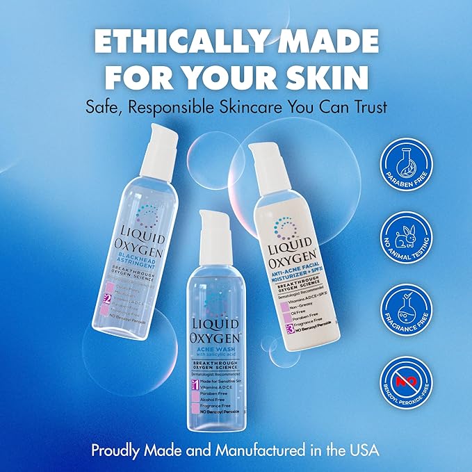 Liquid Oxygen Acne Treatment System for Acne-Prone Skin | Oxygen-Infused | Cleansing Wash, Blackhead Astringent & Hydrating Moisturizer | Blemish Control & Pimple Treatment | Dermatologist-Recommended
