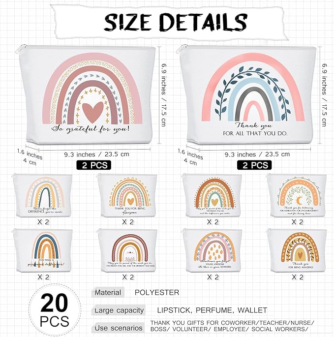 Sieral 20 Pcs Canvas Makeup Bags Bulk Inspirational Cosmetic Bag Pouch with Zipper for Women Employee Appreciation Thank You Gifts for Volunteer Teacher Nurse Assistant Mom Gifts(Rainbow)