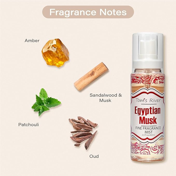 Tom's River Fine Fragrance Body & Hair Mist | Egyptian Musk Scent (Pack of 3) | For Daily Use | Travel-Friendly | 2 fl oz/ 60ml per Bottle