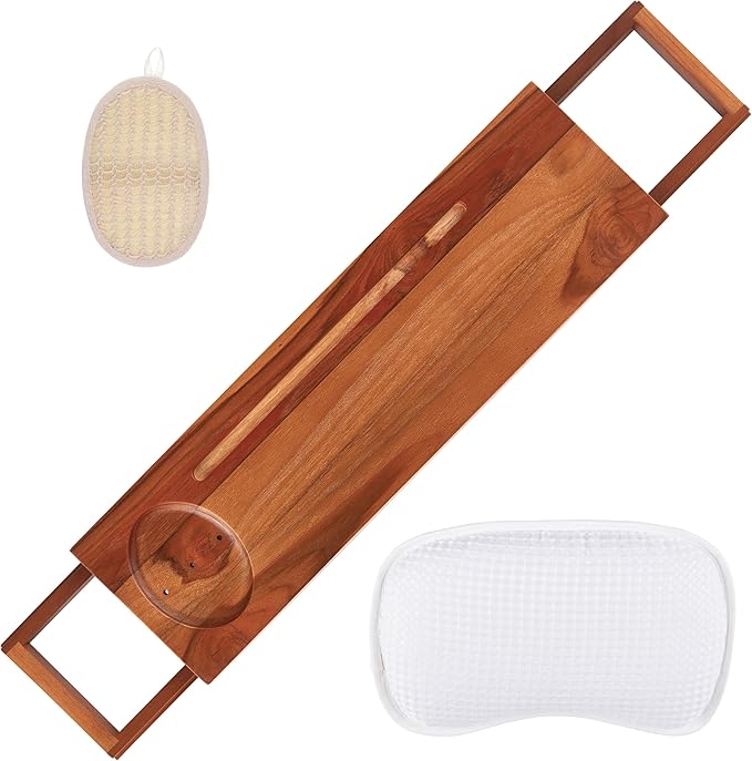 3 Piece Teak Spa Gift Set – Adjustable Bath Tray with Soap Holder – Includes Teak Bathtub Tray, Bath Pillow and Exfoliating Scrubber - Great Bathroom Organizer for Relaxation or Suitable for a Gift