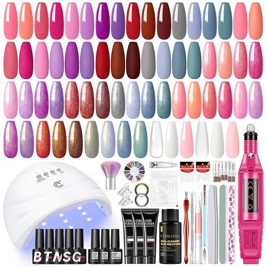 42PCS Gel Nail Polish Kit with U V Light and Drill, 15 Colors Nail Polish with 3 PCS Poly ExtensionGel 5PCS Top Base Coat Gel Manicure Starter Kit Gifts for Women