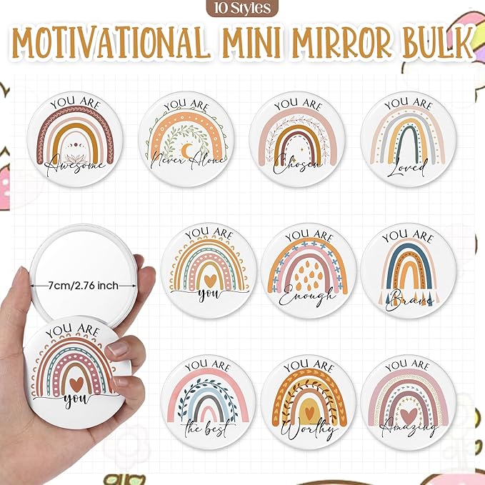 20 Pcs Employee Appreciation Gifts 10 Inspirational Canvas Makeup Bags 10 Compact Mirrors Bulk Cosmetic Bags Round Portable Pocket Mirror Thank You Gifts for Women (Rainbow)