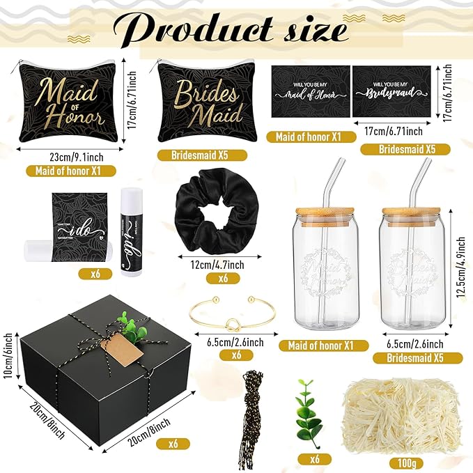 54 Pcs Bridesmaid Proposal Gifts Bridesmaid Box Set Include Bridal Shower Gift Box Makeup Bag Invited Card Glass Cup Lip Balm Scrunchie Hair Knotted Bracelet for Maid of Honor(Black)