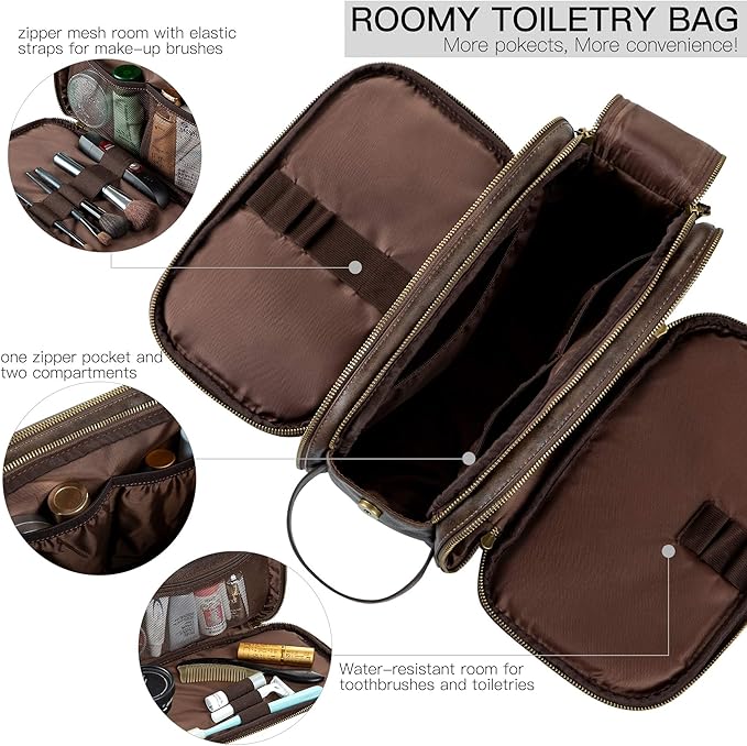 Elviros Toiletry Bag for Men, Large Travel Shaving Dopp Kit Water-resistant Bathroom Toiletries Organizer PU Leather Cosmetic Bags (Medium, Chocolate)