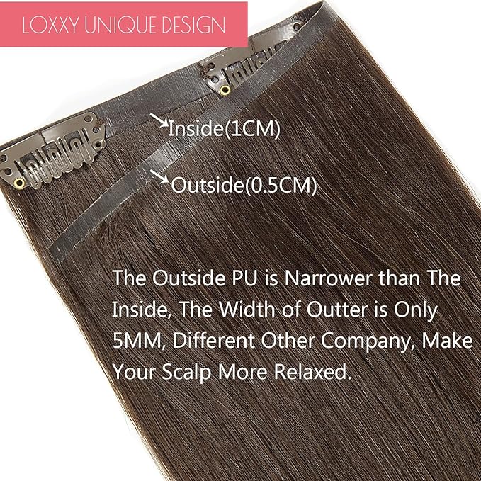 Loxxy Seamless Clip in Hair Extensions Real Human Hair Dark Brown 7Pcs 130G 16Inch Clip in Extensions Human Hair Natural Silky Straight Invisible PU Weft Edge Remy Hair Extensions