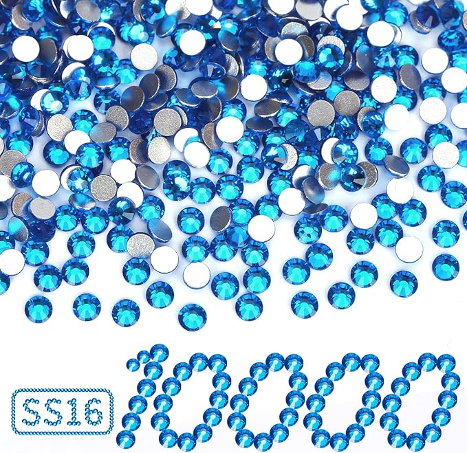 10000PCS Capri Blue Rhinestones Bulk, Flat Back Crystal Glass Stone Round Gems,SS16, 3.8-4.0mm