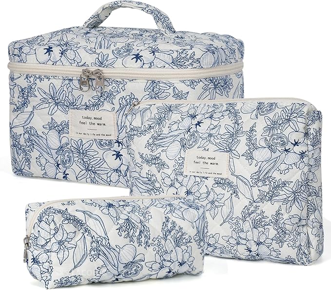 Quilted Makeup Bag,Large Cosmetics Bag Set,Coquette Floral Make up Pouch,Travel Toiletry Bag for Women