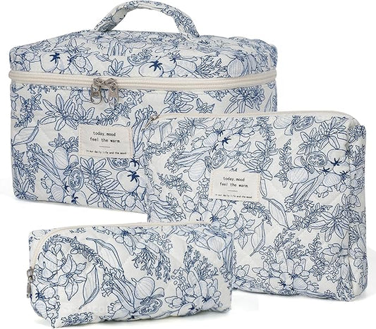 Quilted Makeup Bag,Large Cosmetics Bag Set,Coquette Floral Make up Pouch,Travel Toiletry Bag for Women