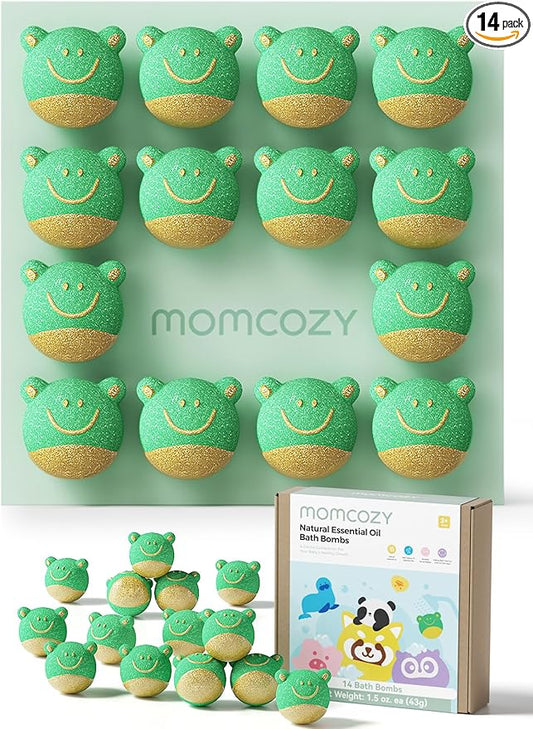 Momcozy Natural&Organic Essential Oil Bath Bombs,14 Pcs Bubble Bath Fizzy Balls with Cute Frog Animal Shapes,Bath Bombs Gift Set for Kids Girls Boys Toddler,Ideal Gift for Easter Egg,Bath Bomb Kit