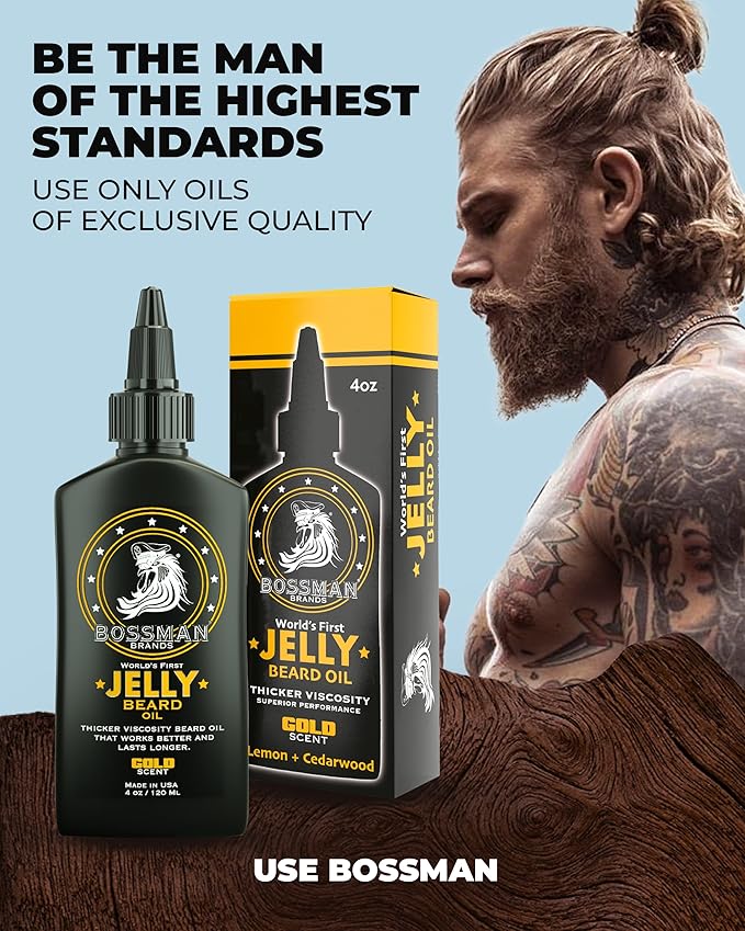 Bossman Jelly Beard Oil for Men (4 oz, Gold Scent) – Softens, Moisturizes & Conditions with Natural Ingredients
