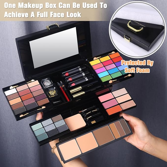 Professional Makeup Kit for Women Girl Full Kit with Mirror 60 Colors All in One Make up Gift Set Included Eyeshadow,Blusher,Highlighter,Compact Powder,Brow Powder,Lipstick,Glitter,Eyeliner,Mascara 02