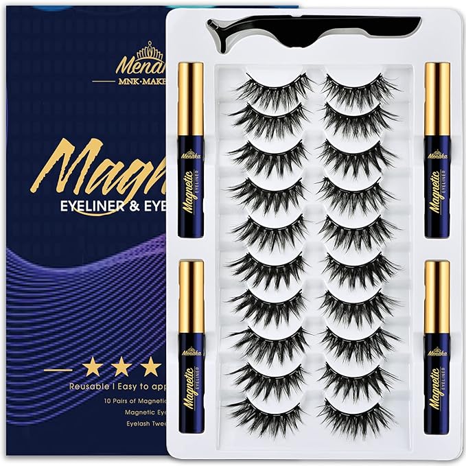 Magnetic Eyelashes Magnetic Lashes Natural Looking,10 Pairs Reusable Magnetic Eyelash kit with Applicator - Upgraded Long Lasting (4 Tube of Liner) Easy to Apply.