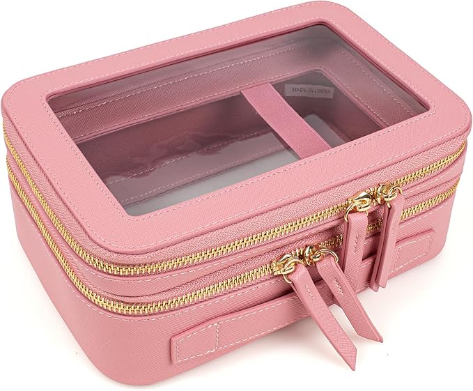Clear Makeup Bags TSA Approved Toiletry Bag Handle Large Opening,Clear Toiletry Bags for Carry-on Traveling Travel Car Accessories Essentials Organziation Storage for Women Girls(Rose Pink, 2Layer)