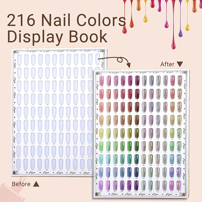 Segbeauty 216 Colors Nail Display Chart, Nail Gel Polish Organizer Color Card with 240 False Nail Tips, Salon Nail Supplies Sample Chart Tool Set Nail Swatch Stick Cardboard Painting Practice Book