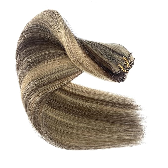Hand Tied Weft Hair Extensions - 14 Inch Sew In Real Human Hair Weave Bundles - 80G Brown Balayage Ash Blonde Mixed Blonde
