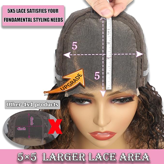 5×5 Closure Bob Wig Human Hair Glueless Wigs Human Hair Pre Plucked Pre Cut Short Curly Human Hair Wig Water Wave C Part Balayage Ombre Lace Frontal Human Hair Wigs for Black Women P1B/30 22 Inch