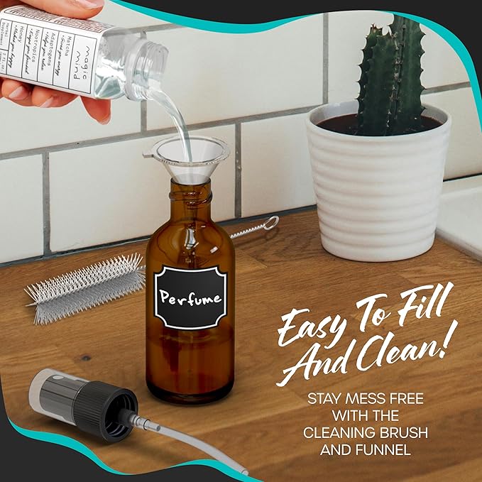 Nevlers 4 Oz Amber Spray Bottles 24 Pack | 118 mL Amber Glass Bottle Sprayer Set w/Funnel, Brush, Labels & Marker | Mist Bottle For Use as Travel Liquid Bottles for Fragrances, Essential Oils & More