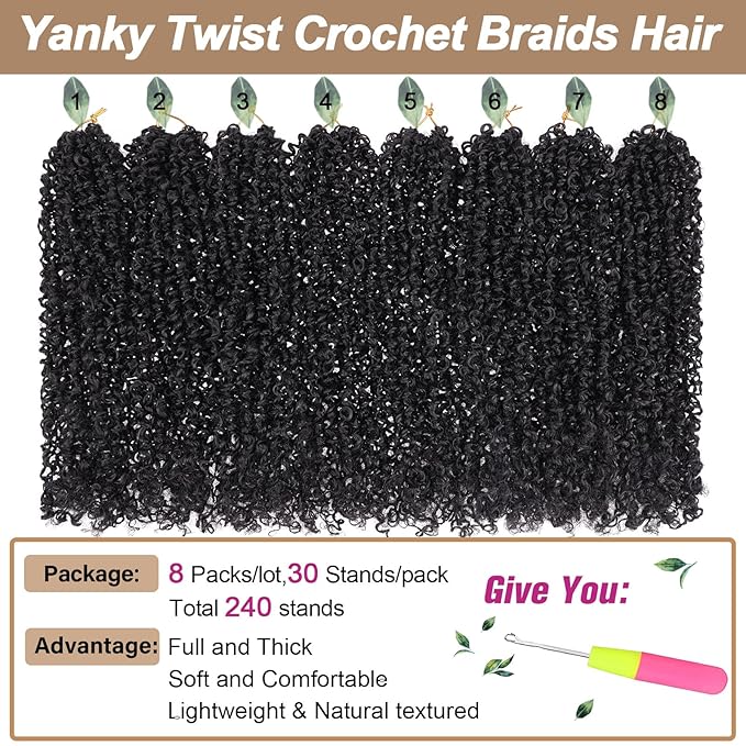 COOKOO 14 Inch Pre Twisted Micro Yanky Twists Crochet Hair 8 Bundles/Lot Yanky Twist Passion Twist Crochet Hair Pre Looped Spring Twist Crochet Hair Kinky Curly Twist Crochet Hair for Women 1B#