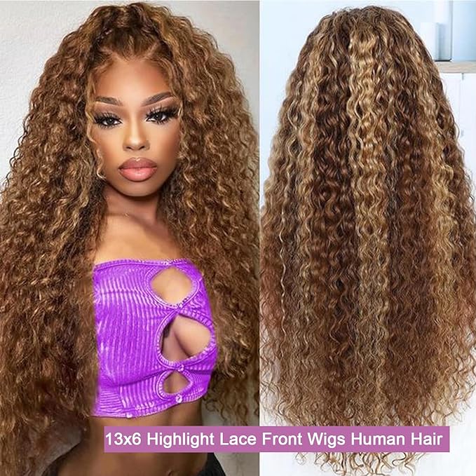 26 inch 13x6 Highlight Ombre Lace Front Wigs Human Hair P4/27 Honey Blonde Lace Frontal Wigs Human Hair 180 Density Colored deep Curly HD Lace Front wigs Human Hair Wig Pre Plucked with Baby Hair