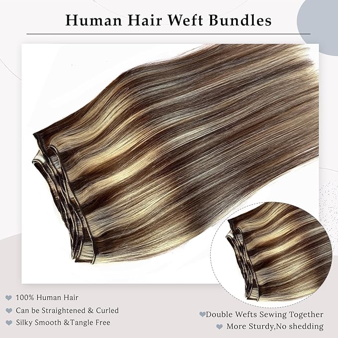 Ubetta Real Human Hair Extensions, 14Inch 80G Weft, Chocolate Brown Balayage Blonde Highlights, Hand Tied Weft Hair Weave Bundles