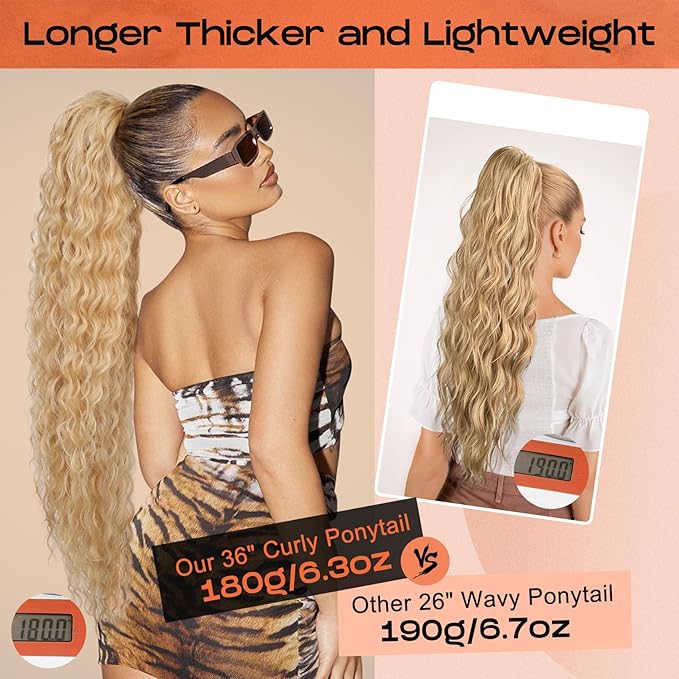 Ponytail Extension, SEIKEA 36" Long Lightweight Full Natural Curly Drawstring Ponytail Fake Pony Tail Multi Layered Soft Clip in Hair Extensions Ponytail Synthetic Hairpiece, Golden Blonde Highlights