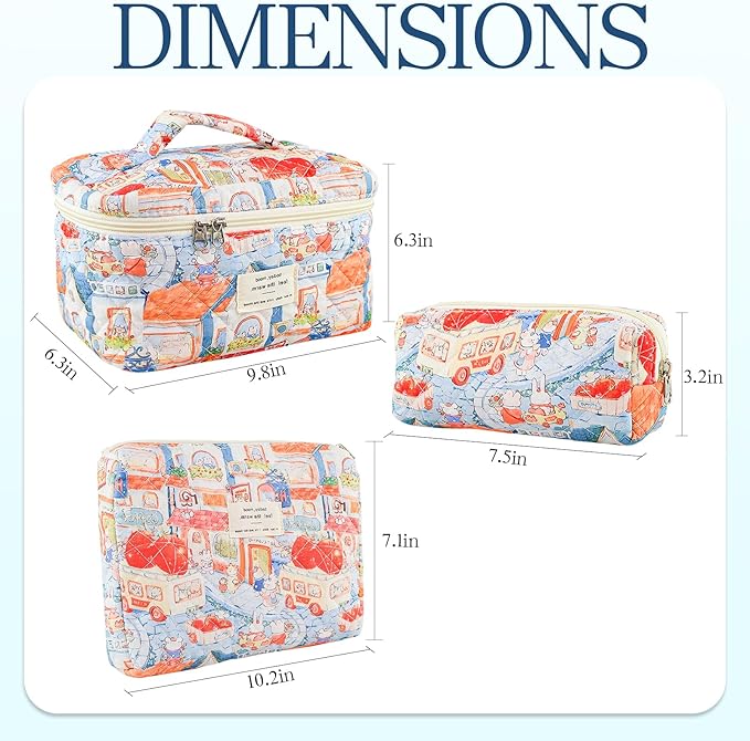 Makeup Bag, 3 PCS Quilted Makeup Bag, Cute Floral Cotton Cosmetic Bag set, Coquette Makeup Pouch Large Travel Toiletry Bag