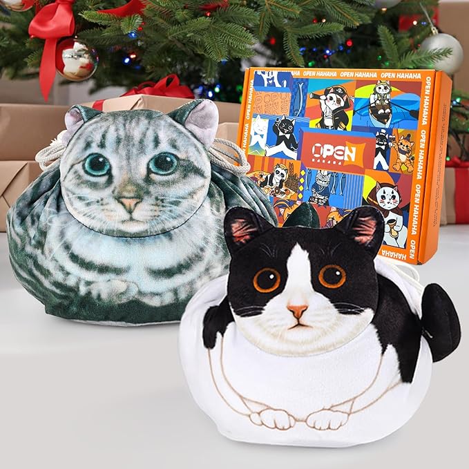 Openhaha Drawstring Cat Travel Organizer, Cosmetic Pouch - Lay Flat Makeup Bag Gifts for Cat Lovers (2-pack)