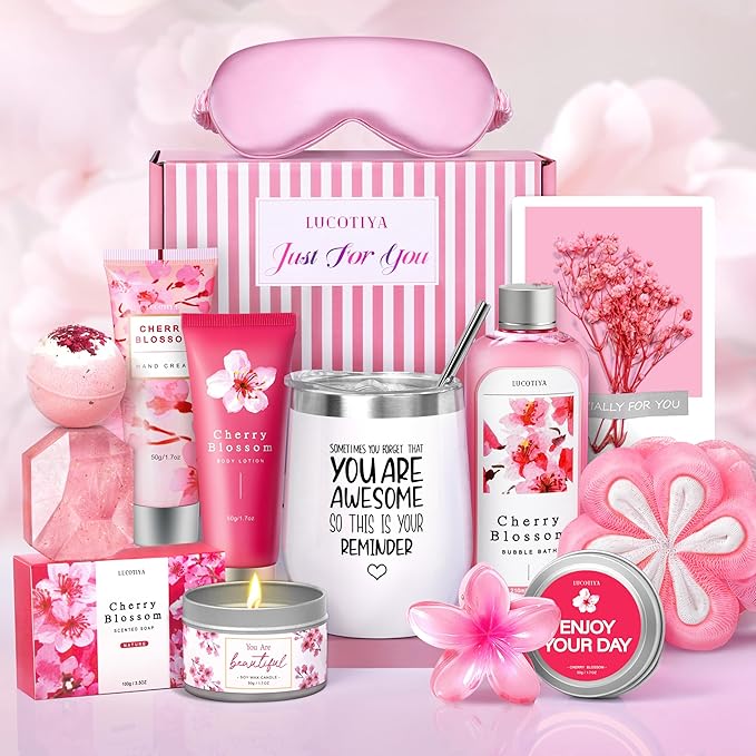 Gifts for Women Birthday Gifts, Spa Gifts Set- 10 Pcs Christmas Valentine's Mother's Day Gifts and Cherry Blossoms Self Care Package Gifts Women, Relaxing Gifts Basket