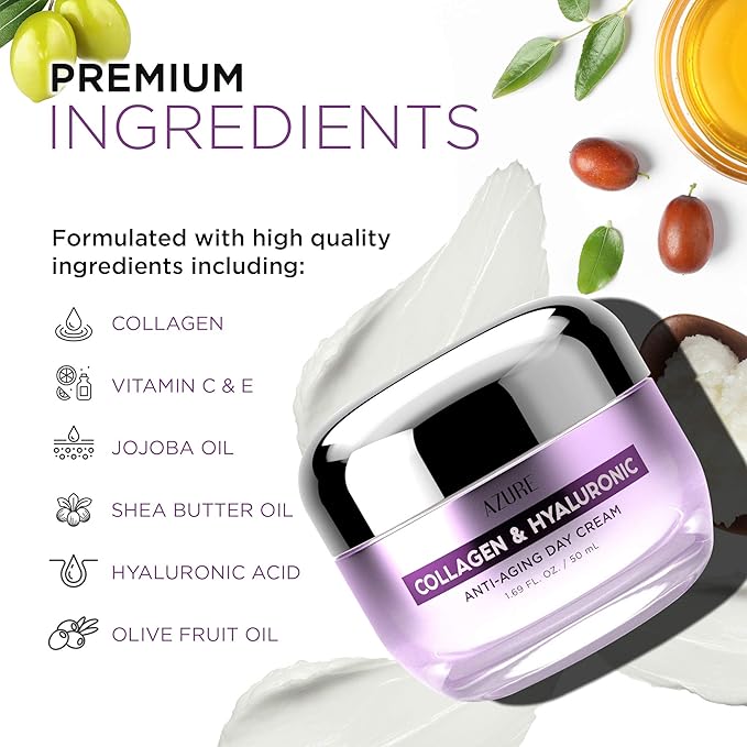 Azure Cosmetics Collagen & Hyaluronic Acid Face Moisturizer - Dermatologist Tested, Anti-Aging Cream for Fine Lines & Wrinkles - Ultra Hydrating Face Cream - Korean Skin Care - All Skin Type - 1.69 oz