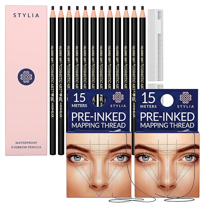 Bundle of 12 Piece Black Waterproof Eyebrow Pencils Peel Off Brow Pencil Set and 30 Meters Pre-Inked Eyebrow Mapping String, Permanent Makeup Brow Mapping Tool