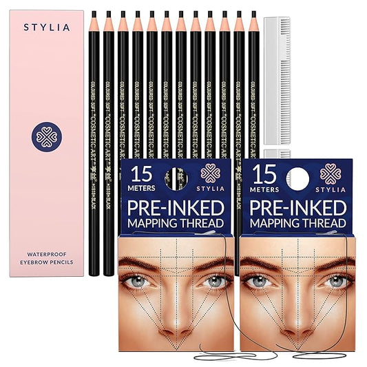 Bundle of 12 Piece Black Waterproof Eyebrow Pencils Peel Off Brow Pencil Set and 30 Meters Pre-Inked Eyebrow Mapping String, Permanent Makeup Brow Mapping Tool