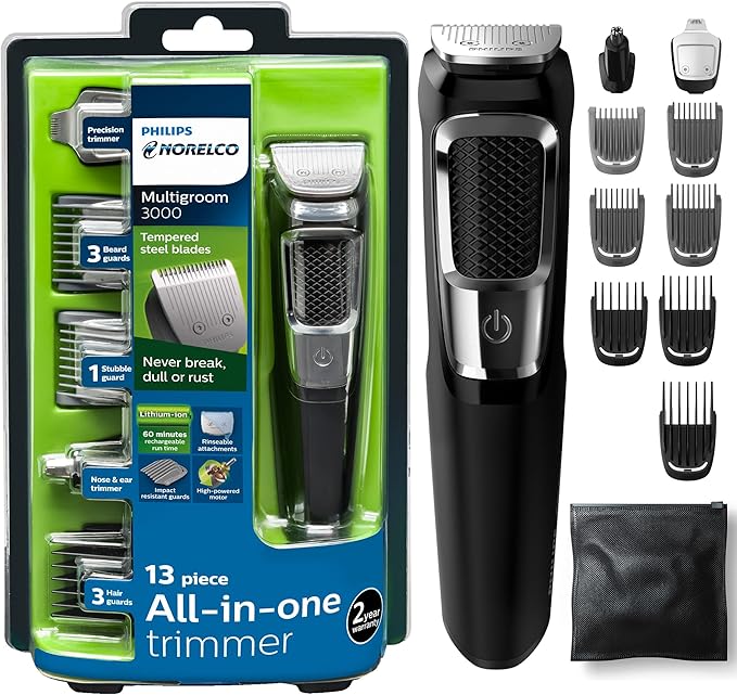 Norelco Philips Multigroomer All-in-One Trimmer Series 3000, 13 Piece Mens Grooming Kit, for Beard, Face, Nose, and Ear Hair Trimmer and Hair Clipper, NO Blade Oil Needed, MG3750/60