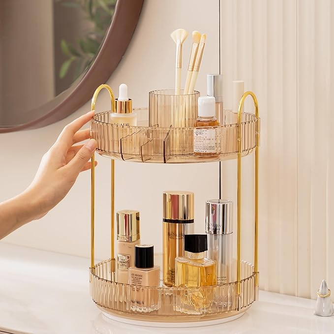 HBlife 360 Rotating Makeup Organizer, 2 Tier Perfume Organizer Skincare Organizer Large Capacity Cosmetic Storage for Bathroom, Vanity, Countertop, Glod