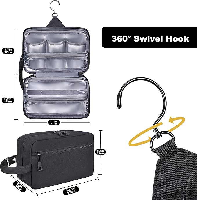 Toiletry Bag for Men, YKK Zippers Hanging Bathroom Shower Hygiene Bag with Metal XXL Swivel Hook, Big Comparment, Waterproof for Travel Accessories