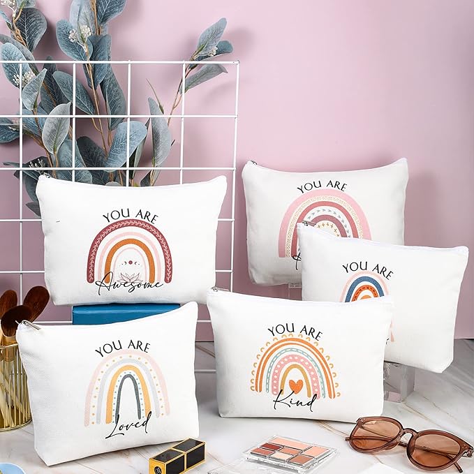 Coume 20 Pcs Inspirational Rainbow Canvas Makeup Bags Bulk Appreciation Quotes Cosmetic Bags Zipper Personalized Encouragement Travel Pouch Toiletry Bag for Women Teacher Nurse Friend(Rainbow)