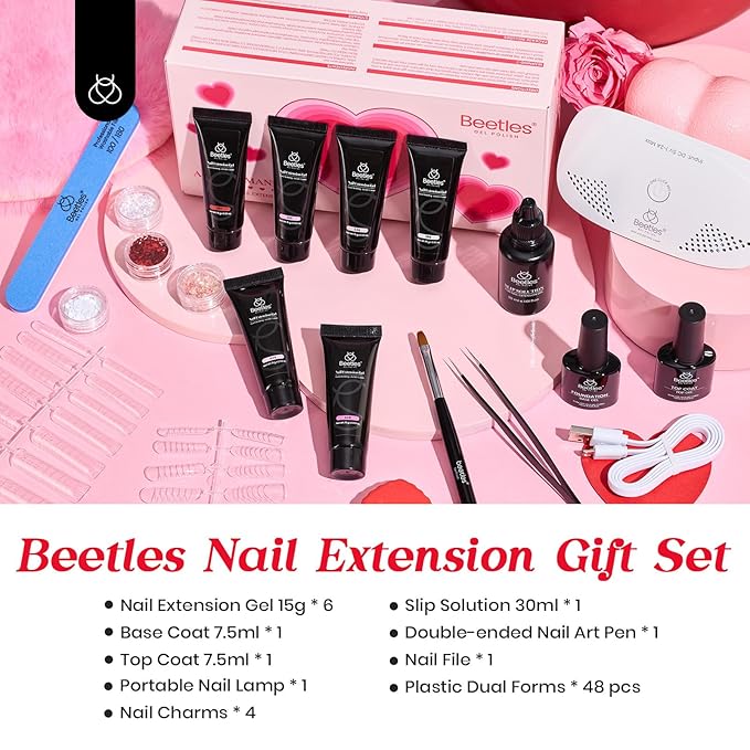 Beetles Poly Nail Extension Gel Kit with U V Light: 6 Colors Builder Gel Set Pink Glitter White with Top Base Coat and Slip Solution Nail Forms Tools Charms for DIY Manicure